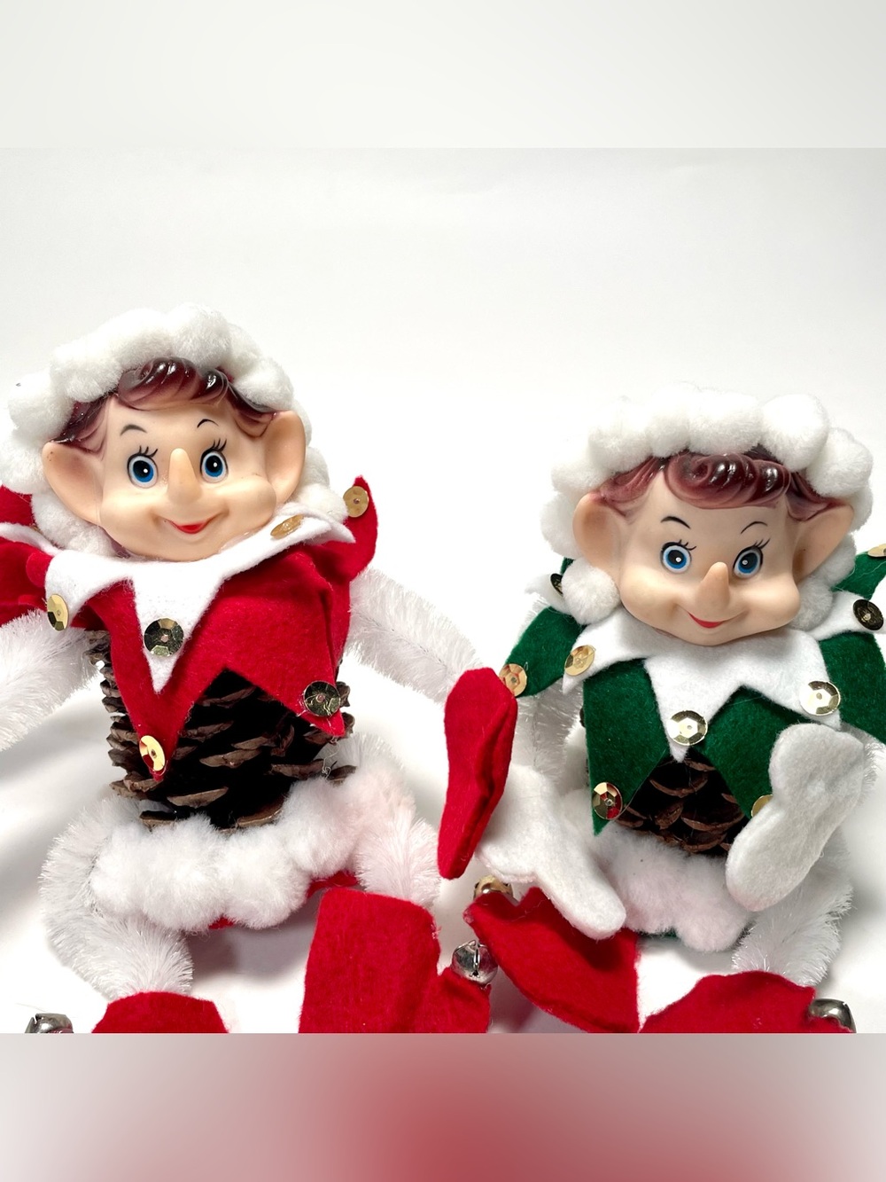 Vintage Pinecone Christmas Elf Pixie Figures Set of 2 Retro Jingle Bell Decor - Picture 2 of 7